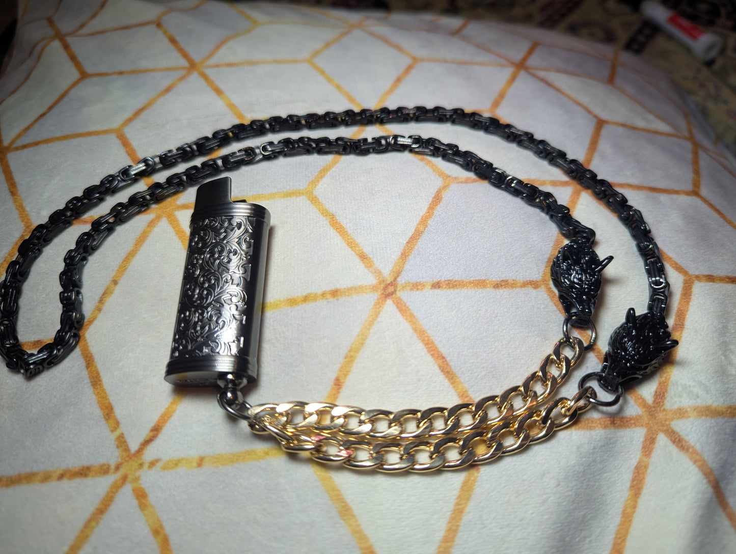 LitChain- black and gold scheme, wolf head embellished, with mini Bic lighter sleeve pendant