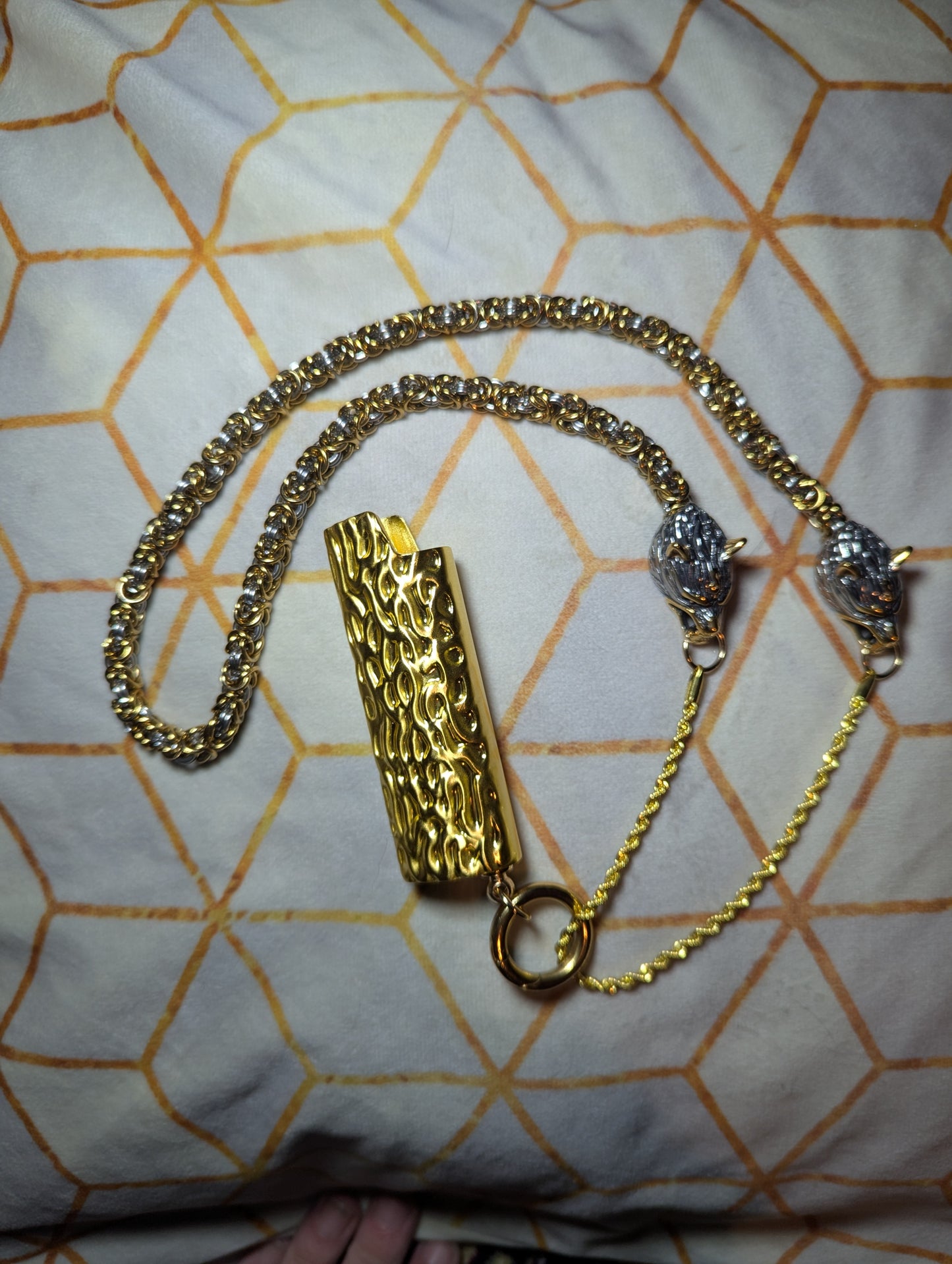 LitChain - gold and silver scheme, wolf head embellishments- with J6 (full size Bic) metal pendant