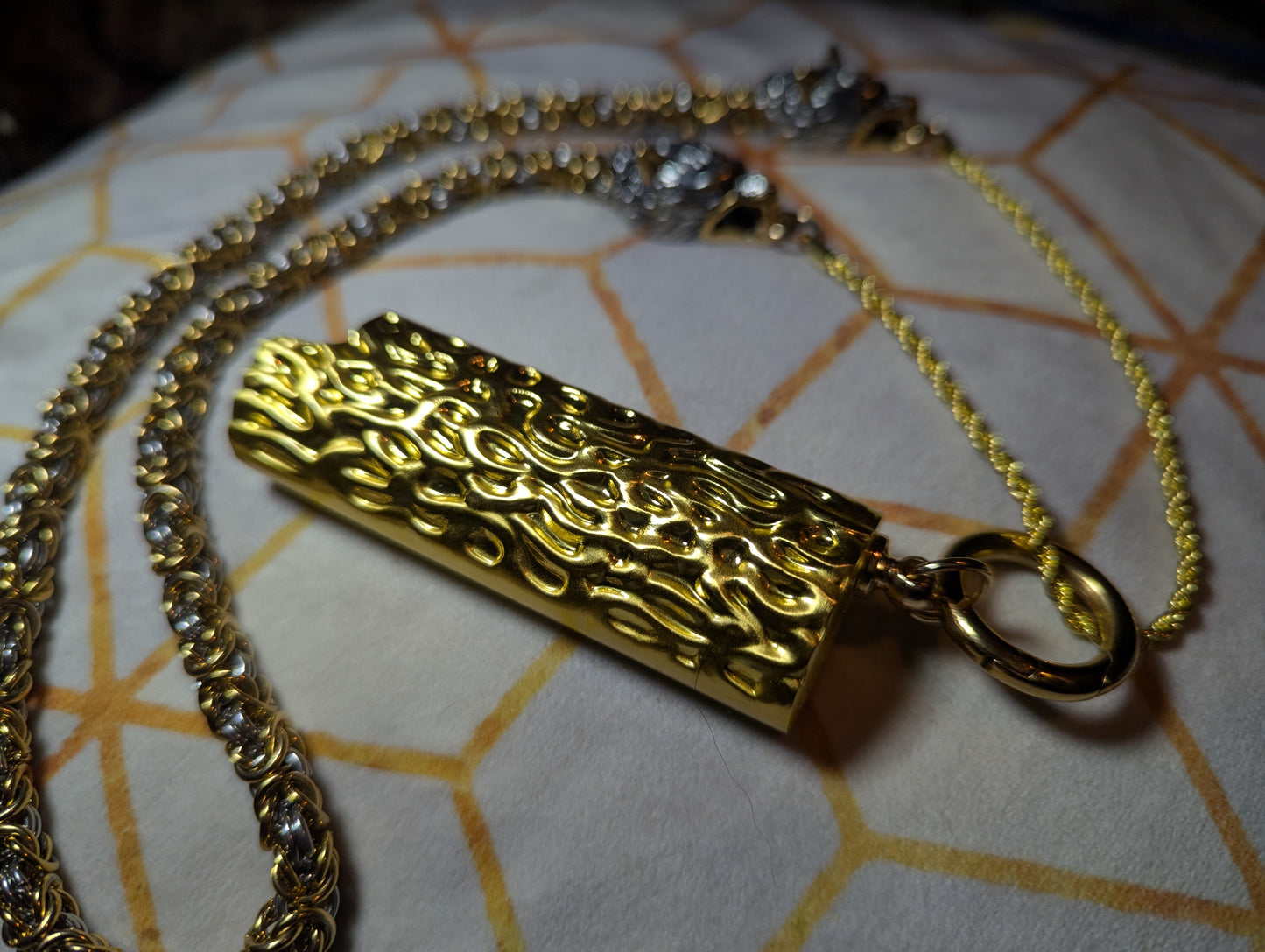 LitChain - gold and silver scheme, wolf head embellishments- with J6 (full size Bic) metal pendant
