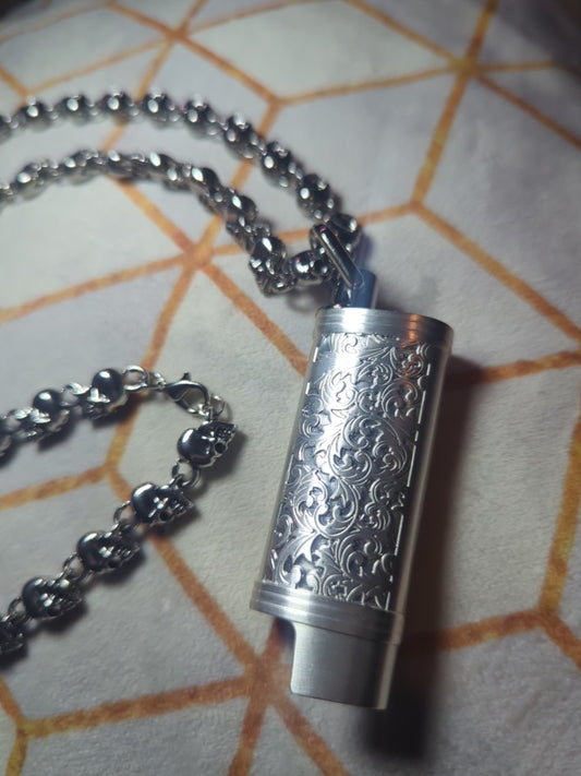 LitChain- silver skull chain with mini Bic lighter pendant sleeve