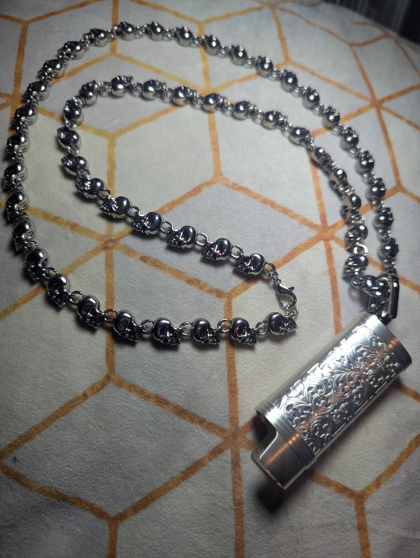 LitChain- silver skull chain with mini Bic lighter pendant sleeve