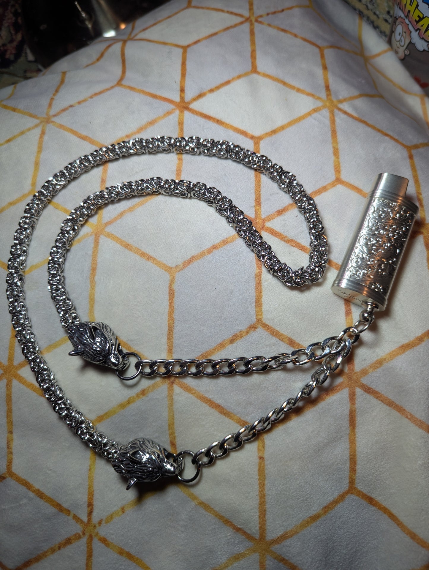 LitChain- silver wolf head embellished mini Bic lighter chain